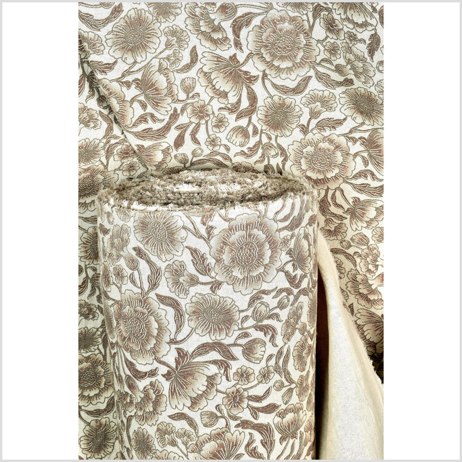 Unbleached cotton flower print fabric, sturdy strong off-white, gray, brown color, vertical subtle striping, Thailand craft, fabric by yard PHA317-10