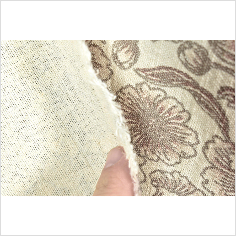 Unbleached cotton flower print fabric, sturdy strong off-white, gray, brown color, vertical subtle striping, Thailand craft, fabric by yard PHA317-10