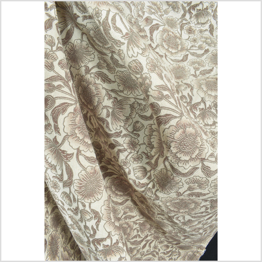 Unbleached cotton flower print fabric, sturdy strong off-white, gray, brown color, vertical subtle striping, Thailand craft, fabric by yard PHA317-10