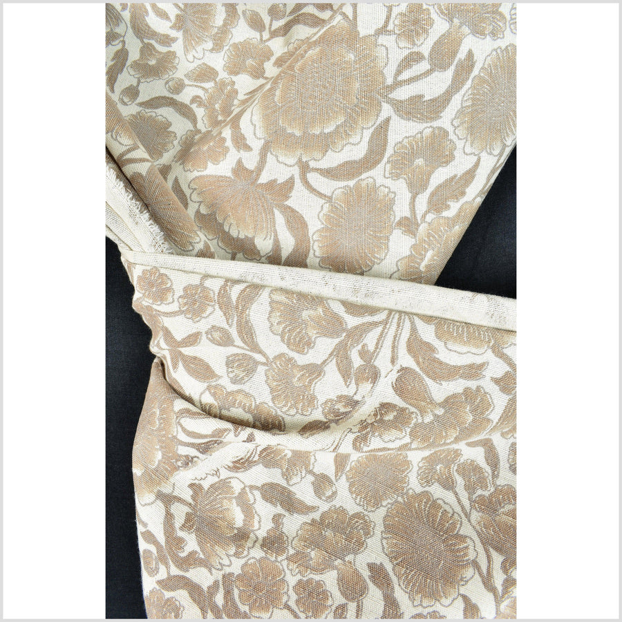 Unbleached cotton flower print fabric, sturdy strong off-white, gray, brown color, vertical subtle striping, Thailand craft, fabric by yard PHA317