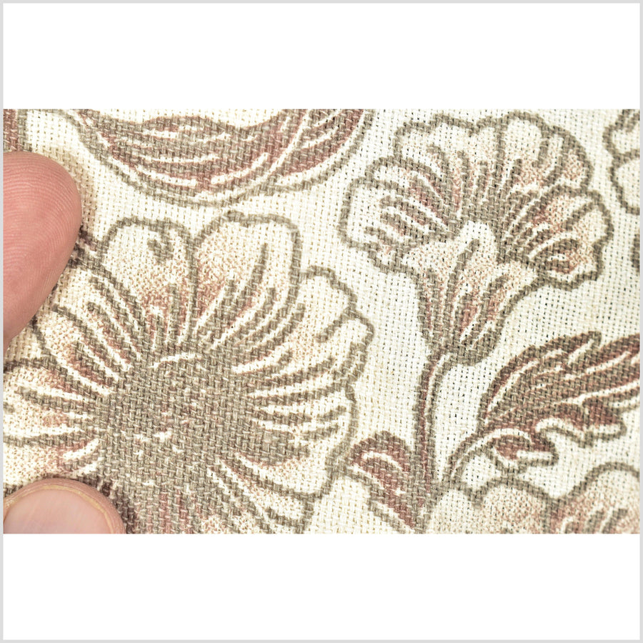 Unbleached cotton flower print fabric, sturdy strong off-white, gray, brown color, vertical subtle striping, Thailand craft, fabric by yard PHA317
