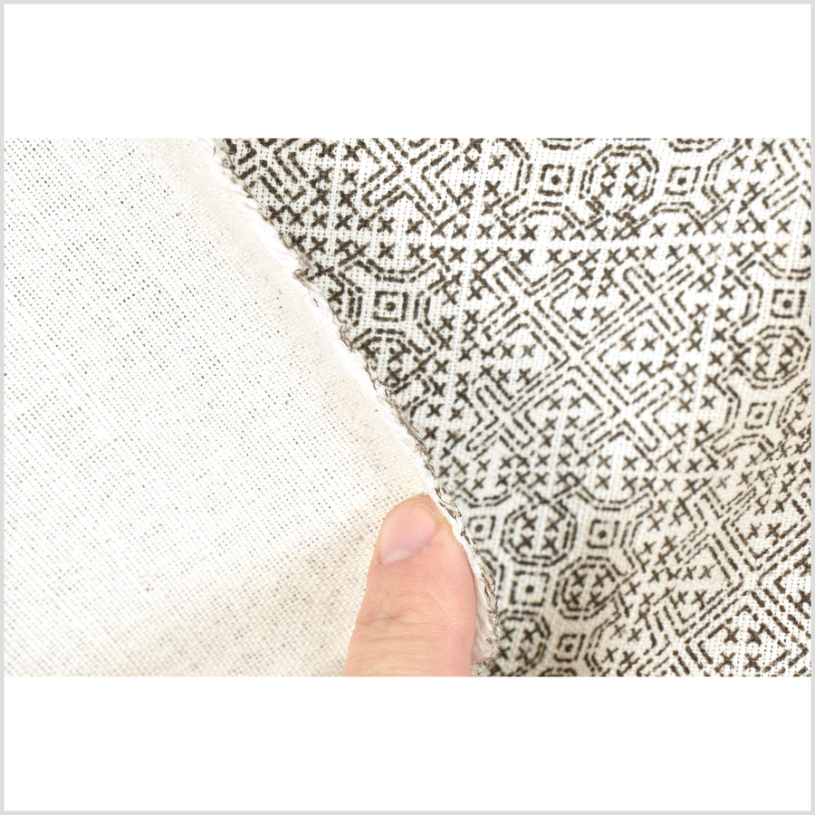 Unbleached cotton geometric tribal print fabric, sturdy off-white, black grid, Thailand sewing craft, fabric by yard PHA299