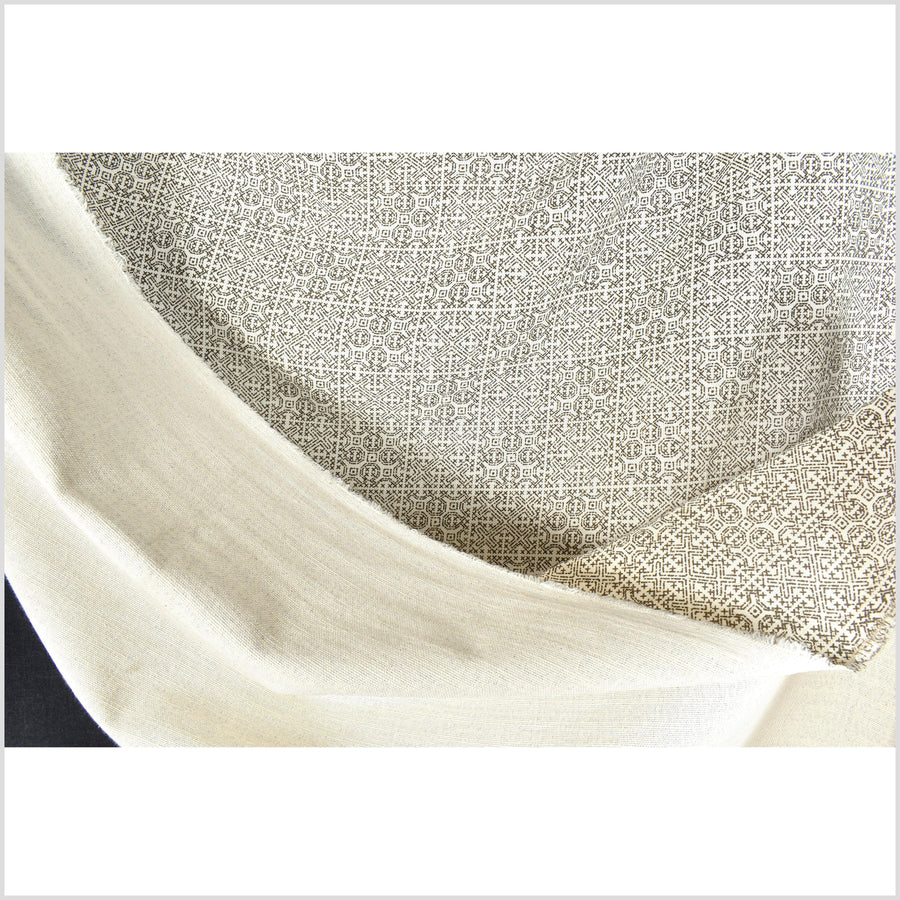 Unbleached cotton geometric tribal print fabric, sturdy off-white, black grid, Thailand sewing craft, fabric by yard PHA299