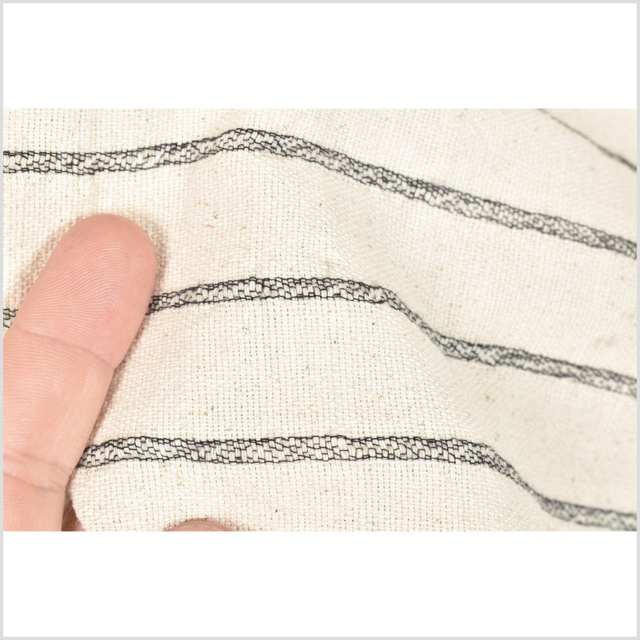 Unbleached cotton stripe fabric, sturdy strong off-white, cream color, horizontal woven black stripes, Thailand craft PHA1