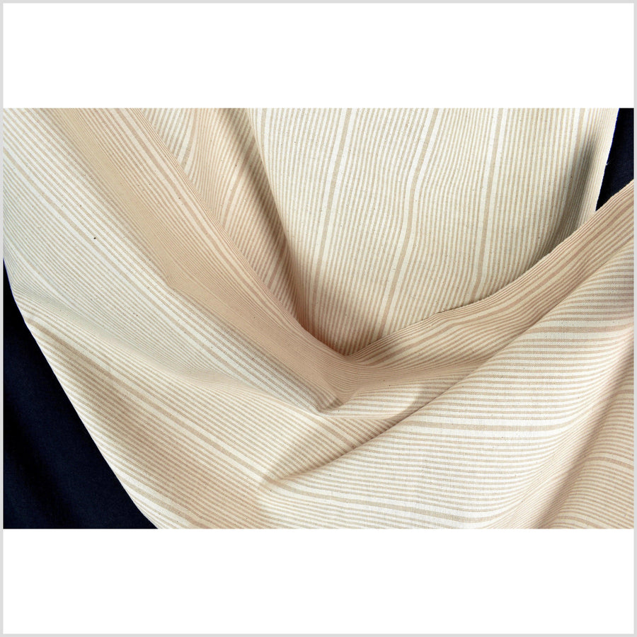 Understated pale brown stripe pattern neutral cream handwoven cotton fabric, medium weight organic dye, Thailand craft, sold by yard PHA324