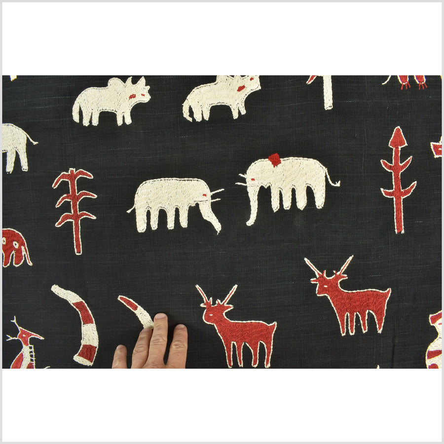 Unusual smokey black Naga tribal textile cotton story quilt animal lover hunger's mecca boho hilltribe tapestry Thailand India RB66
