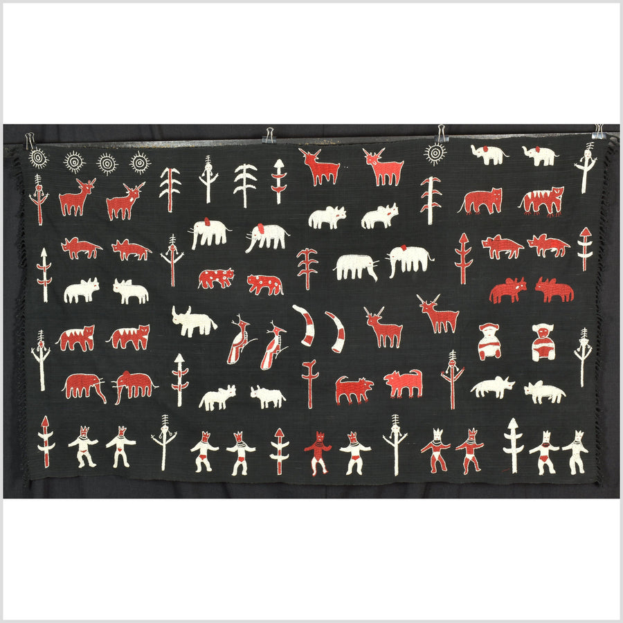 Unusual smokey black Naga tribal textile cotton story quilt animal lover hunger's mecca boho hilltribe tapestry Thailand India RB66