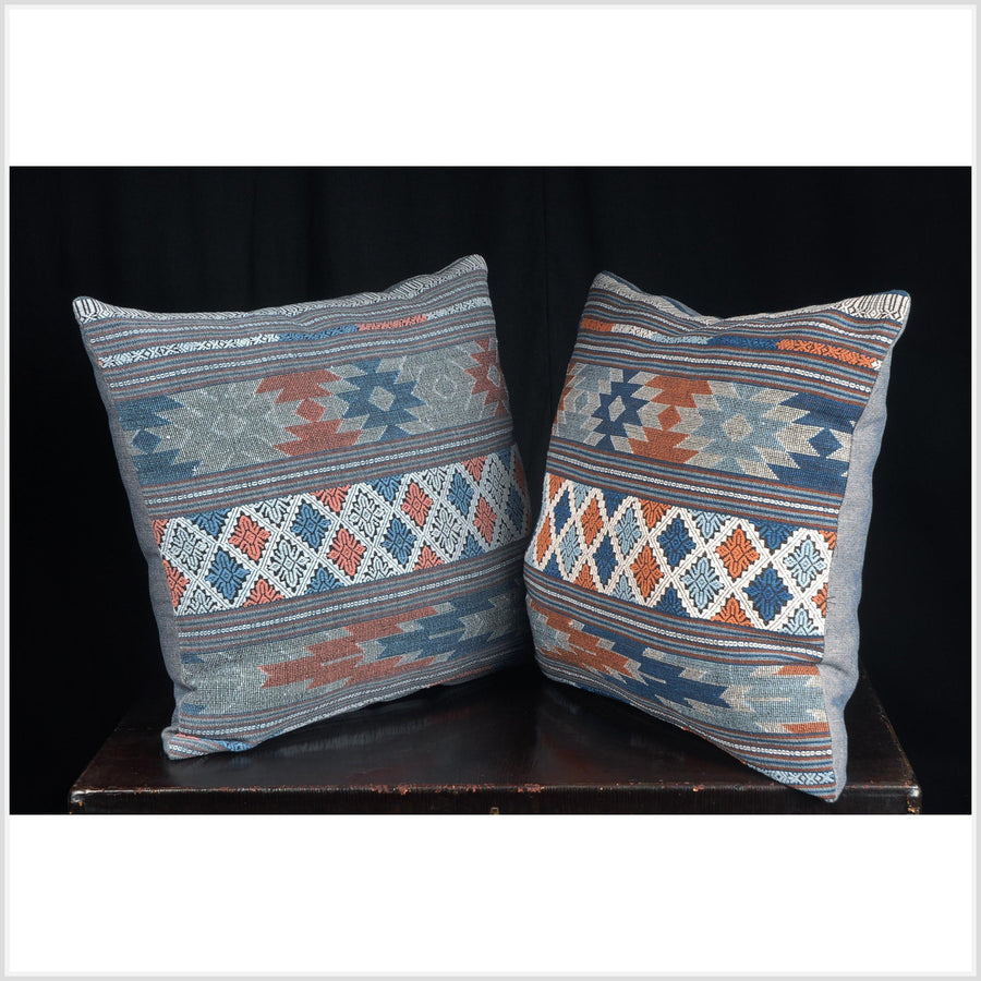 Vintage Laos Tai Lue square pillow blue white brown natural dye cotton tribal textile handwoven ethnic Hmong fabric decorative cushion QW36