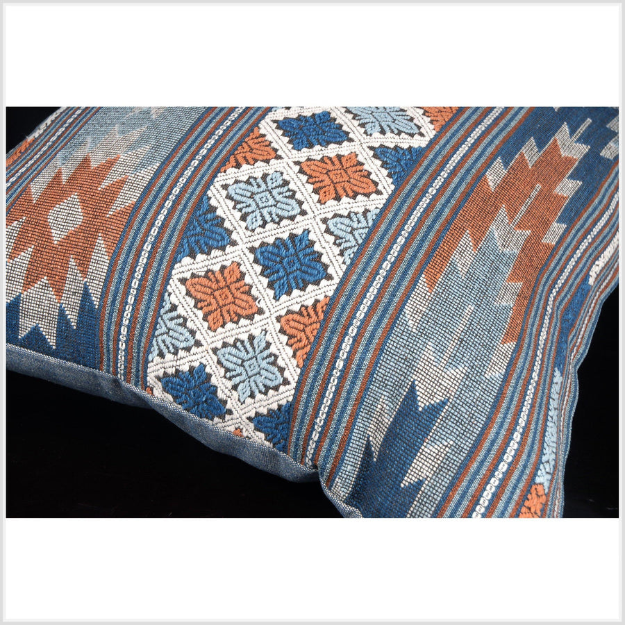 Vintage Laos Tai Lue square pillow blue white brown natural dye cotton tribal textile handwoven ethnic Hmong fabric decorative cushion QW36