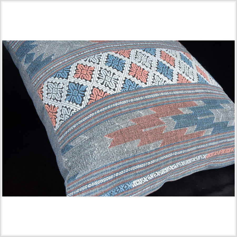 Vintage Laos Tai Lue square pillow gray pink blue 22 natural dye cotton tribal textile handwoven ethnic Hmong fabric decorative cushion QW37