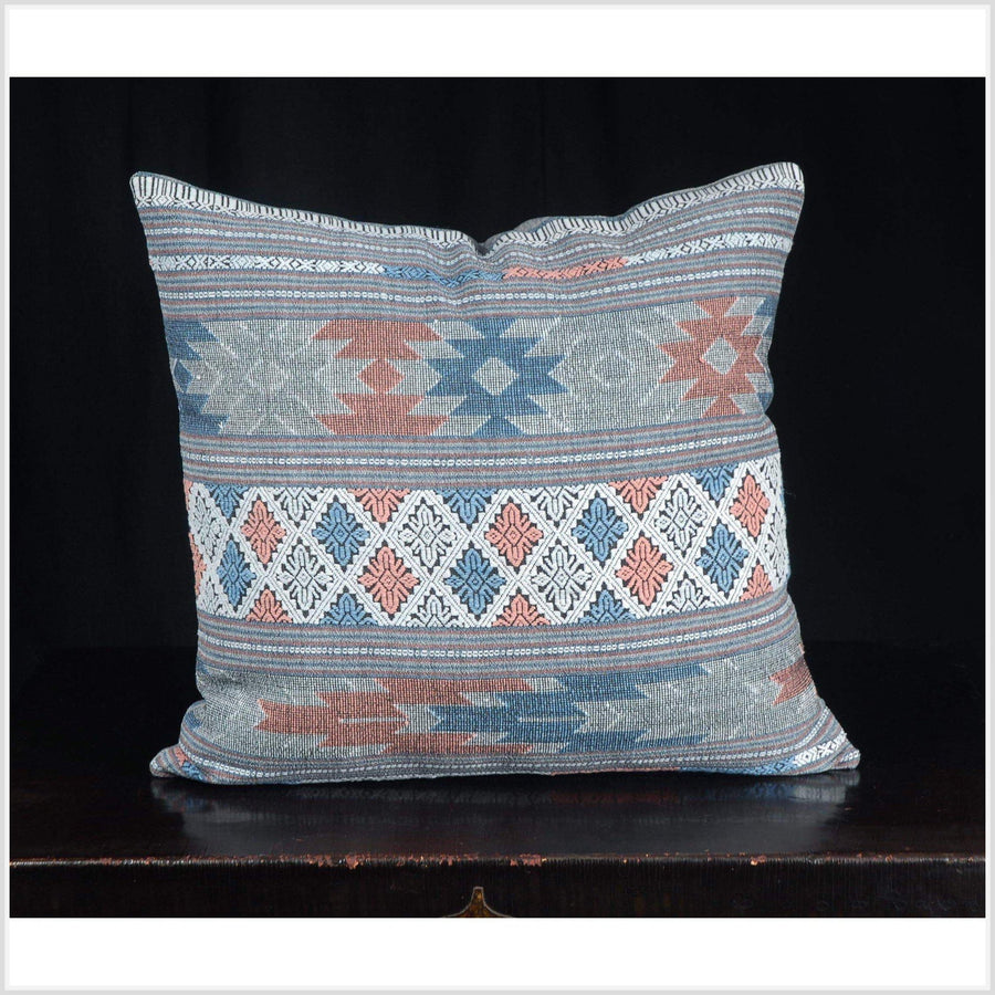 Vintage Laos Tai Lue square pillow gray pink blue 22 natural dye cotton tribal textile handwoven ethnic Hmong fabric decorative cushion QW37
