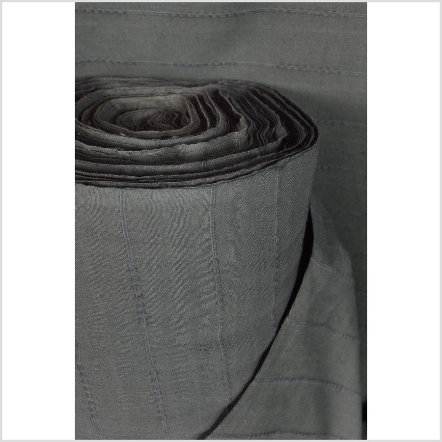 Warm and dark SMOG gray, handwoven cotton fabric with woven raised striping, medium-weight, Thailand home craft fabric per yard PHA229
