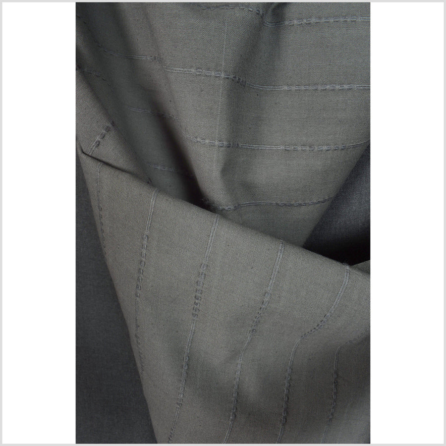 Warm and dark SMOG gray, handwoven cotton fabric with woven raised striping, medium-weight, Thailand home craft fabric per yard PHA229