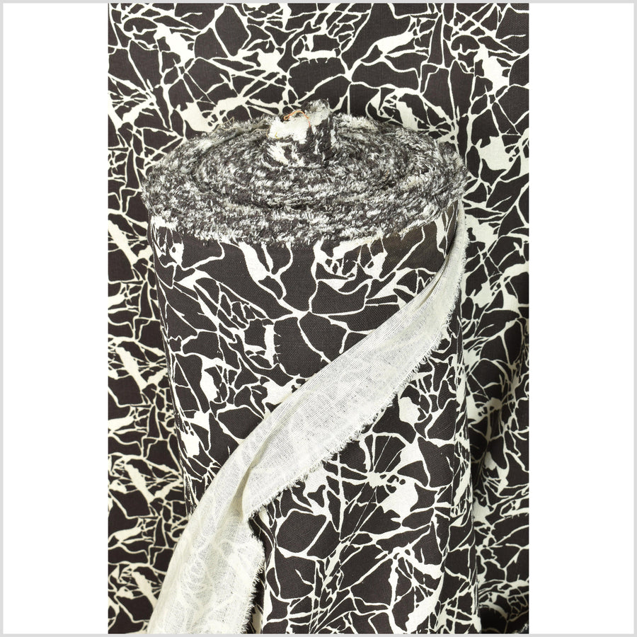 Warm black white print cotton fabric, abstract leaf screen print