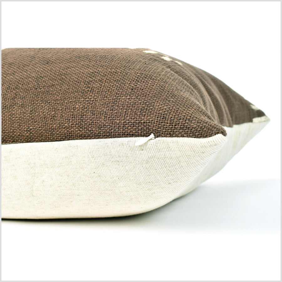 Warm chocolate brown cotton pillowcase, cream mud cloth print cushion, bohemian rustic home decor, minimalist style, square or lumbar QQ73