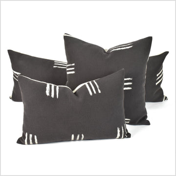 Warm dark gray black cotton pillowcase, cream mud cloth print cushion, bohemian rustic home decor, minimalist style, square or lumbar QQ67