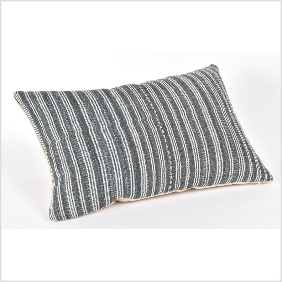 Warm gray, off-white stripe, natural organic dye cushion, tribal ethnic pillow, Hmong hill tribe 22 inches, handwoven cotton, PP19