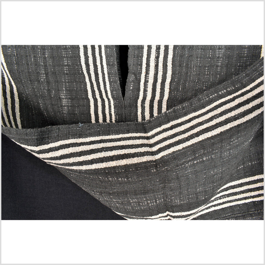 Warm gray, white stripe, natural organic dye cotton, handwoven tribal textile, Karen Hmong fabric, Thai ethnic throw MQ89