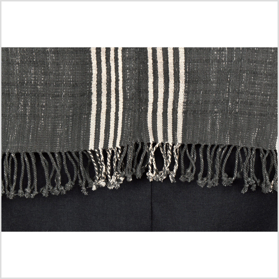 Warm gray, white stripe, natural organic dye cotton, handwoven tribal textile, Karen Hmong fabric, Thai ethnic throw MQ90