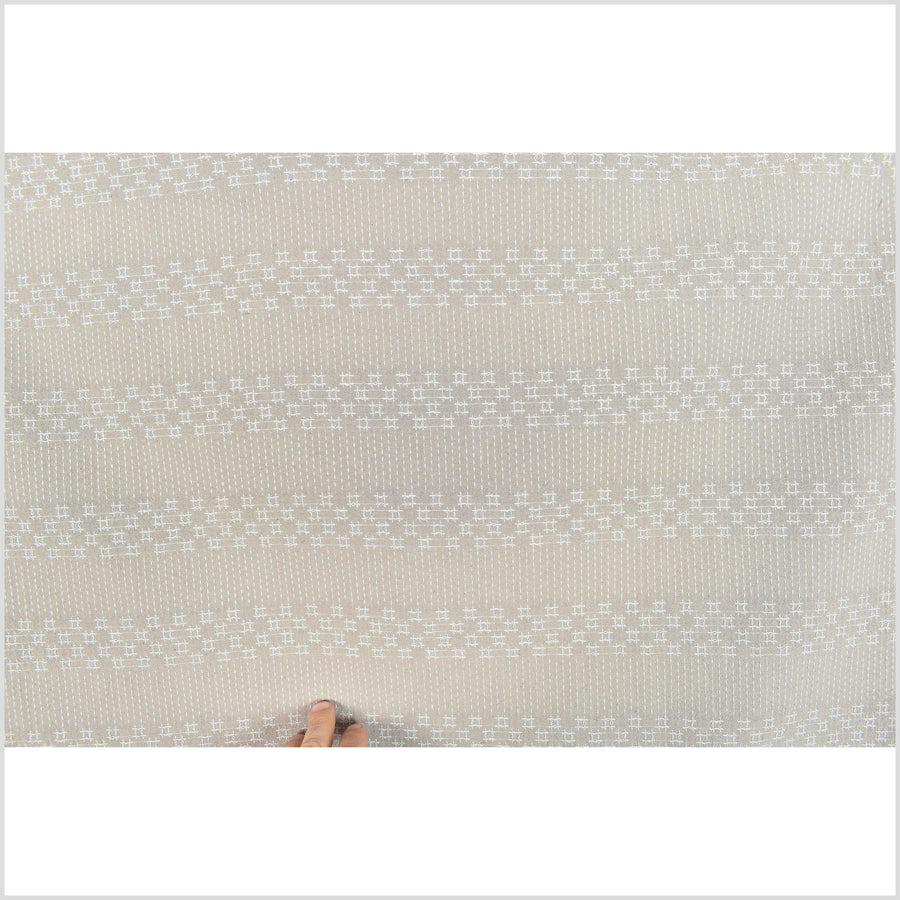 Warm light gray cotton fabric with raised striped embroidery in off-white, medium weight poplin, geometric square pattern Thailand woven PHA256