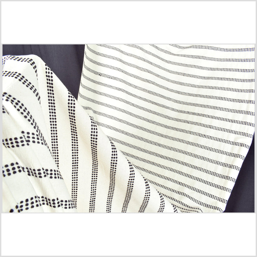 Warm neutral off-white / beige & black triple stripe handwoven cotton fabric, medium-weight, Thailand sewing craft, fabric per yard PHA303