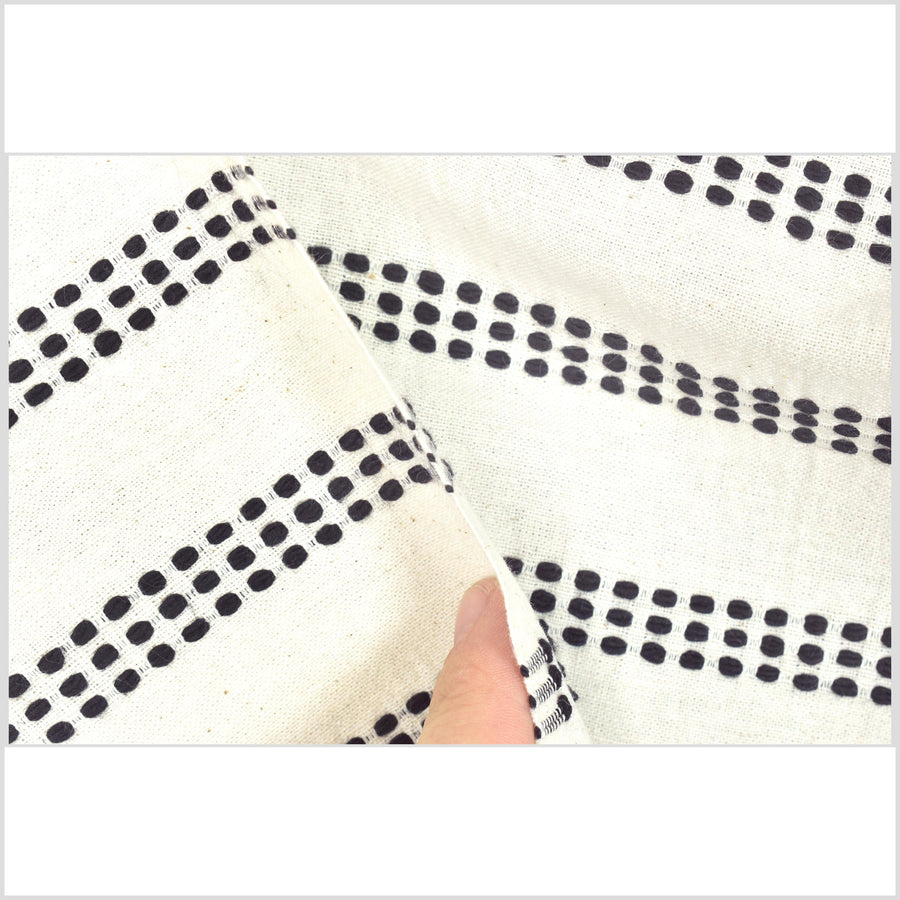 Warm neutral off-white / beige & black triple stripe handwoven cotton fabric, medium-weight, Thailand sewing craft, fabric per yard PHA303