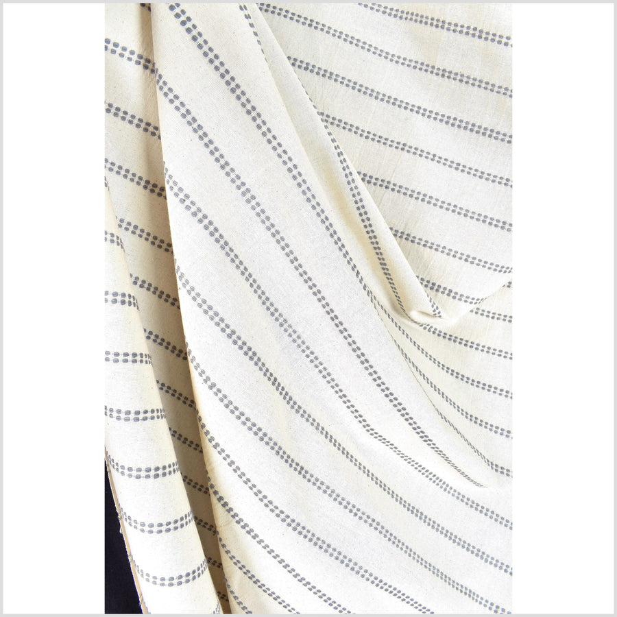 Warm neutral off-white / beige & light gray stripe handwoven cotton fabric, medium-weight, Thailand sewing craft, fabric per yard PHA271