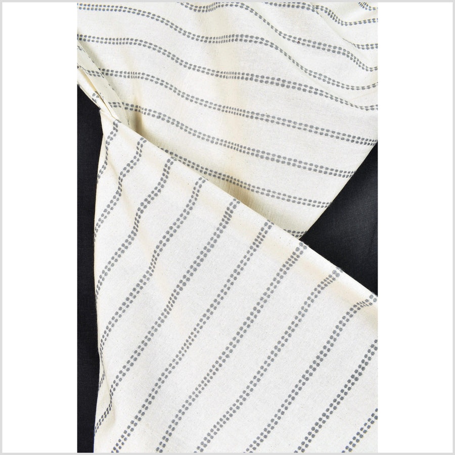 Warm neutral off-white / beige & light gray stripe handwoven cotton fabric, medium-weight, Thailand sewing craft, fabric per yard PHA271