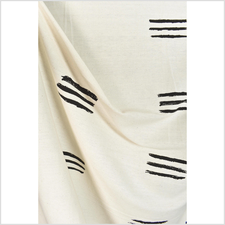 Warm, off-white cotton fabric, black mud cloth printed pattern, handwoven, neutral, unbleached, washed, soft, by the yard PHA190