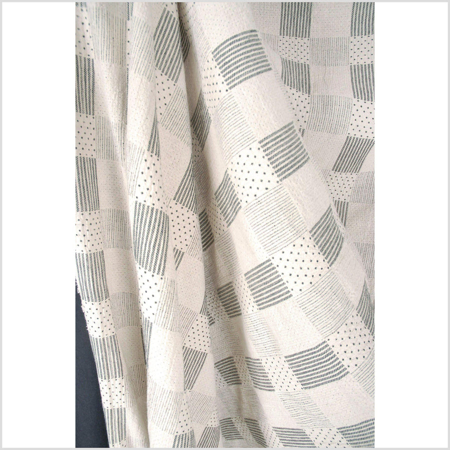 Warm off-white cotton with black micordots, dashes, and stripes, lightweight crepe weave pattern fabric, per yard PHA33