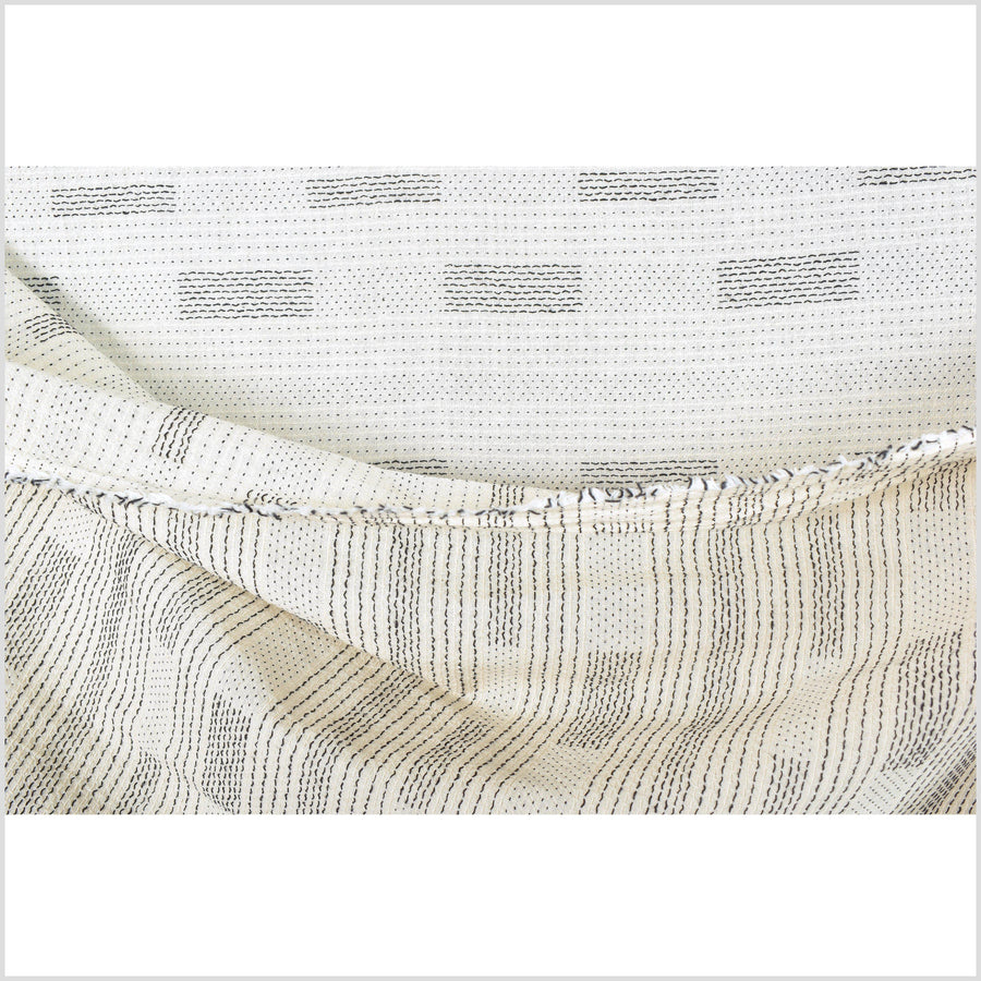 Warm off-white cotton woven black dashes, and stripes, lightweight crepe weave pattern fabric, per yard PHA179