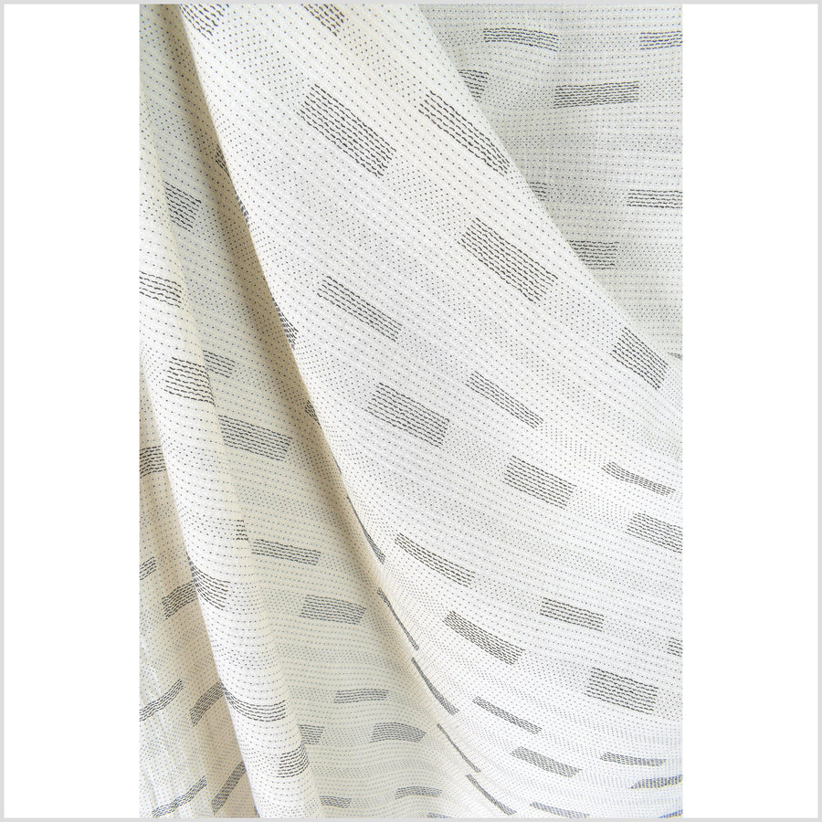 Warm off-white cotton woven black dashes, and stripes, lightweight crepe weave pattern fabric, per yard PHA179