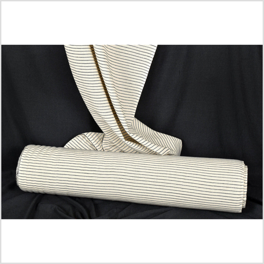 Warm off white cream, unbleached handwoven cotton with woven black stripes, by the yard PHA108