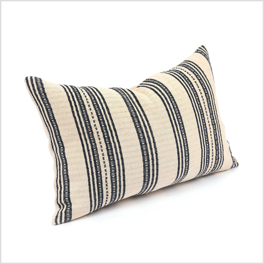 Warm off-white gray stripe hand-stitched lumbar pillow, organic dye cushion, tribal ethnic pillowcase Hmong hilltribe handwoven cotton YY75
