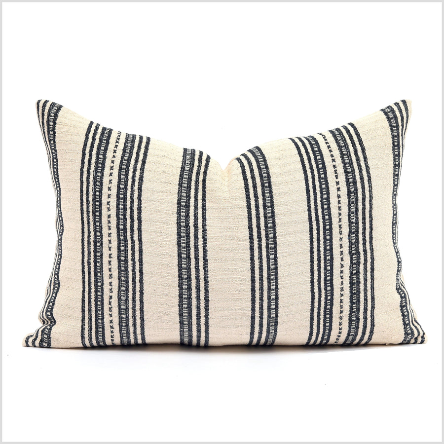 Warm off-white gray stripe hand-stitched lumbar pillow, organic dye cushion, tribal ethnic pillowcase Hmong hilltribe handwoven cotton YY75