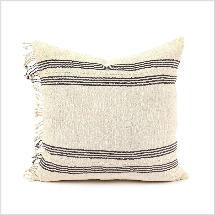 White black striped pillow, Hmong tribal 21 inch square cushion, handwoven cotton, neutral cream gray, natural organic dye, Thailand YY14