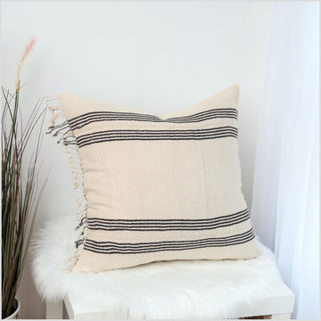 White black striped pillow, Hmong tribal 21 inch square cushion, handwoven cotton, neutral cream gray, natural organic dye, Thailand YY14