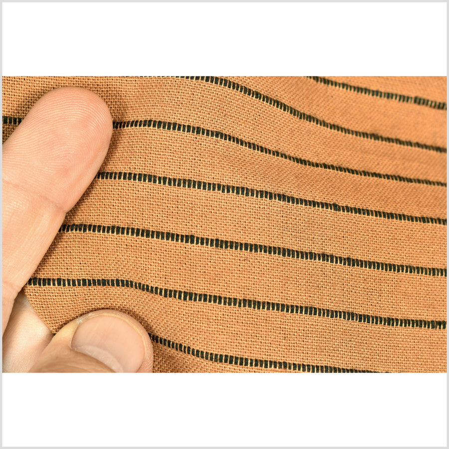 Yellow ocher, autumn orange, thin black stripe, handwoven cotton with woven black thread, by the yard Thailand craft PHA315-10