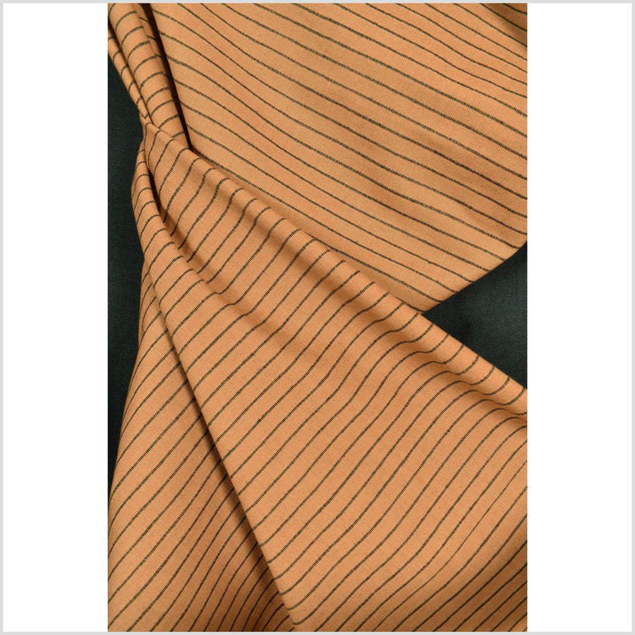 Yellow ocher, autumn orange, thin black stripe, handwoven cotton with woven black thread, by the yard Thailand craft PHA315-10