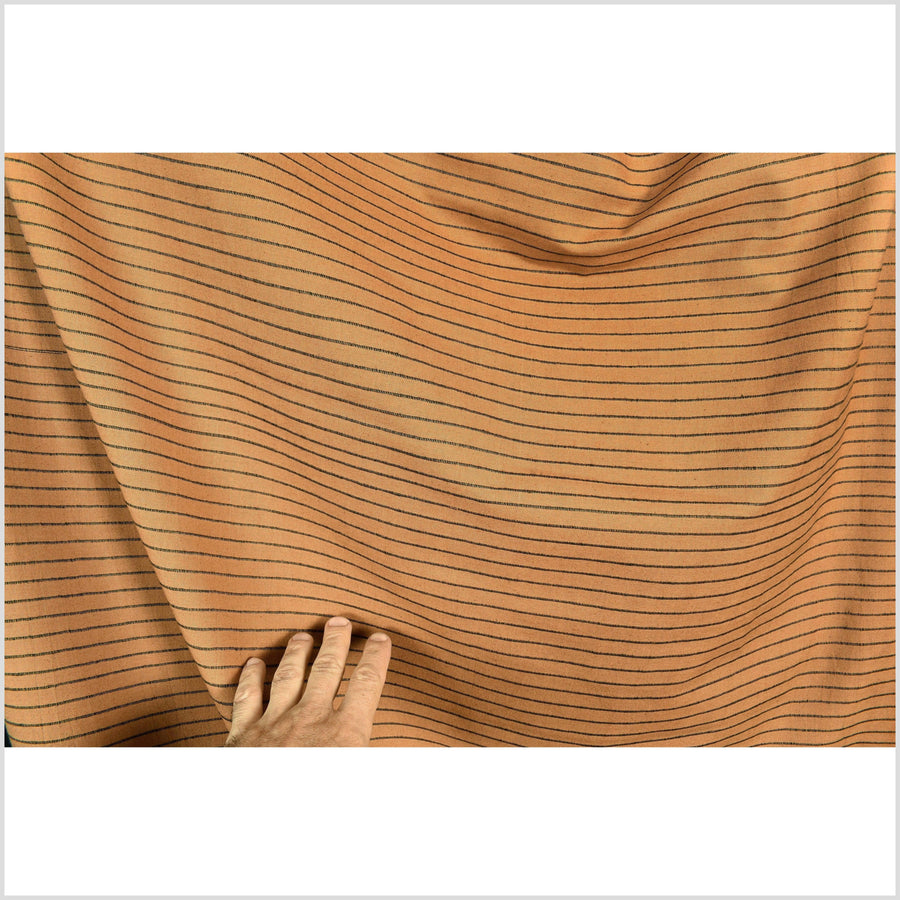 Yellow ocher, autumn orange, thin black stripe, handwoven cotton with woven black thread, by the yard Thailand craft PHA315