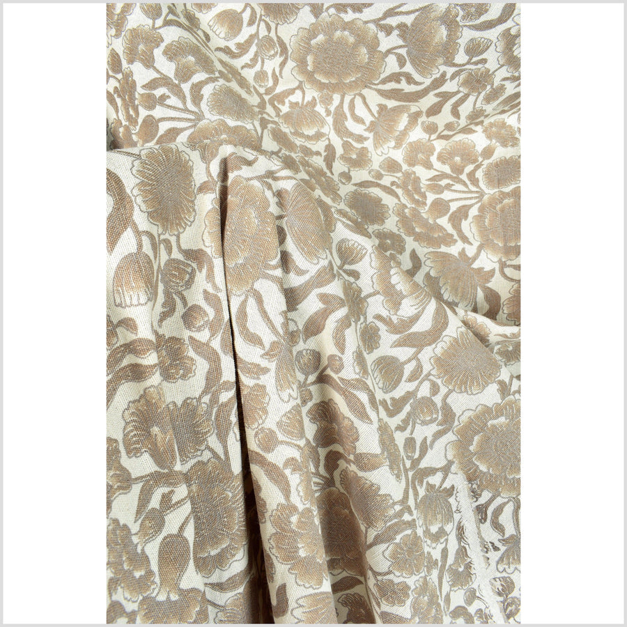 Unbleached cotton flower print fabric, sturdy strong off-white, gray, brown color, vertical subtle striping, Thailand craft, fabric by yard PHA286