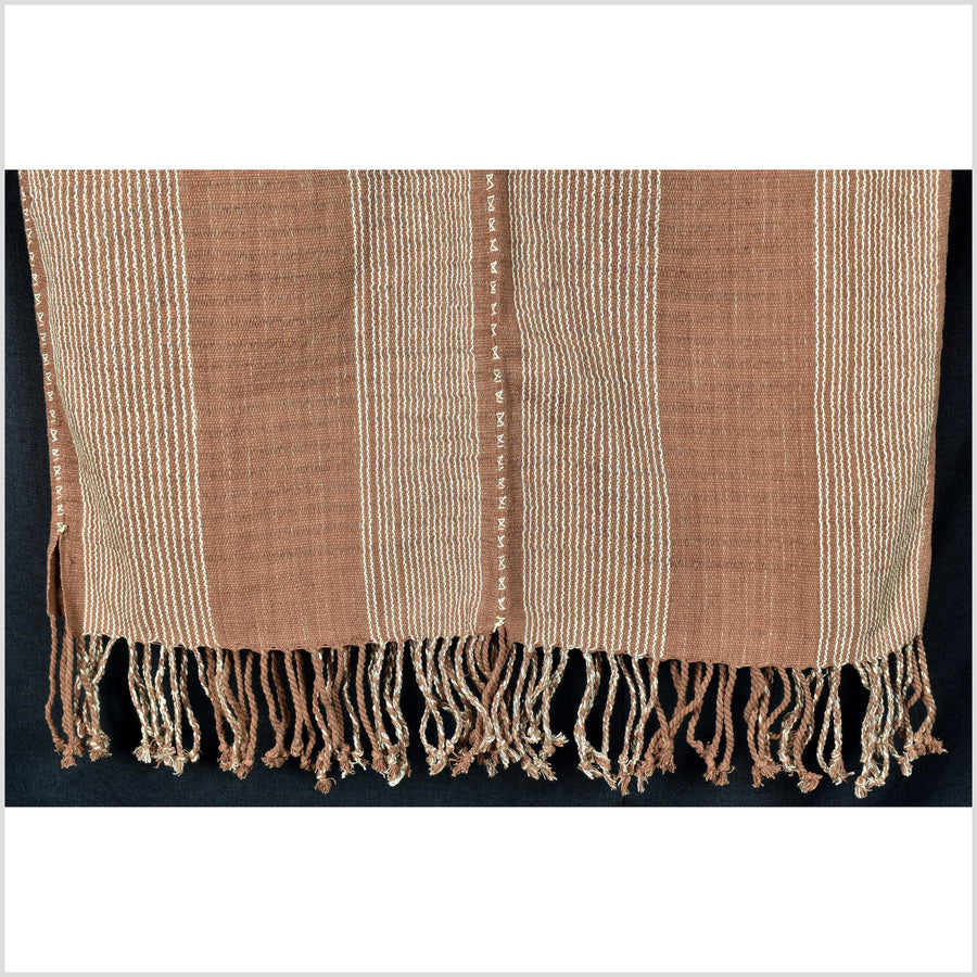 Natural organic dye cotton, handwoven soft brown, white stripe tribal textile, Karen Hmong fabric, Thai boho throw RB32